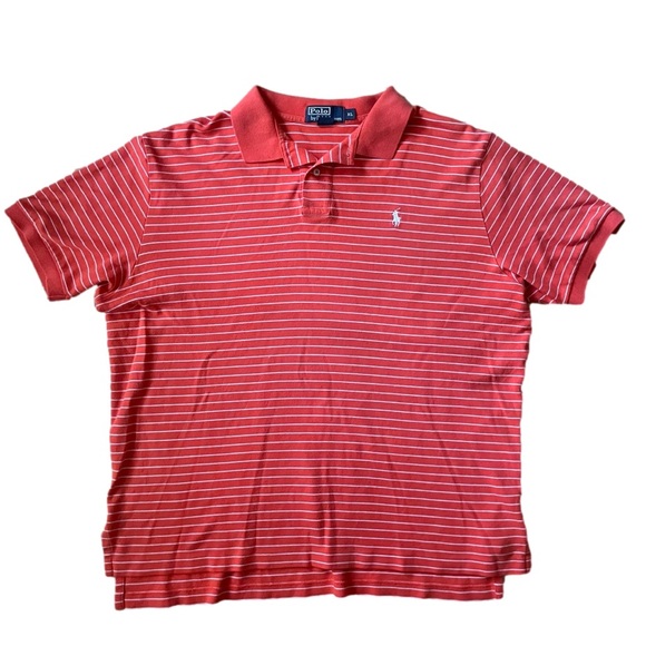 POLO by Ralph Lauren Stripped Short Sleeve Golf Shirt | Orange and White - Picture 1 of 8